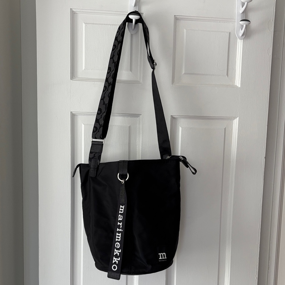 Marimekko Black Nylon Messenger Bag with Logo Strap